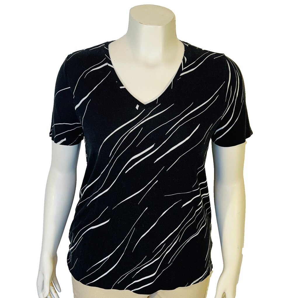 Alfani Tee Shirt Women's M Black White Abstract Stretch V-Neck GUC